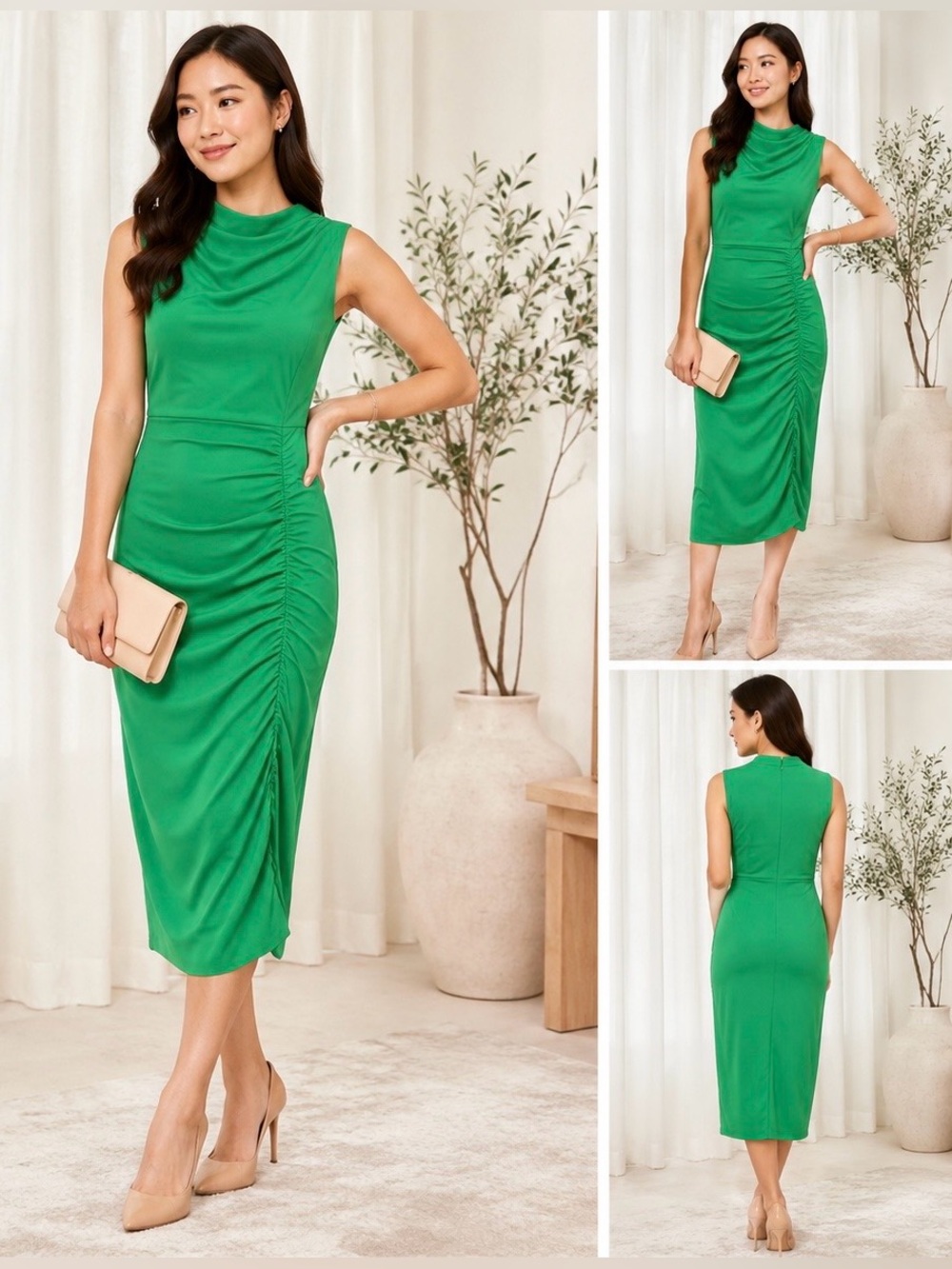 London Times Size 8 Kelly Green Ruched Mock Neck Lined Midi Dress NWT